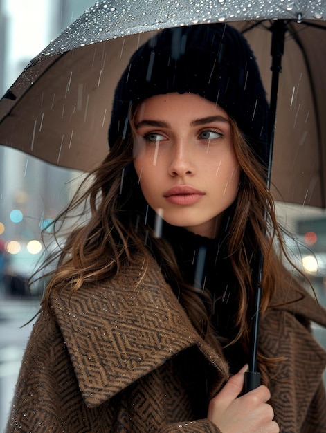Mulher elegante caminhando na chuva segurando um guarda-chuva