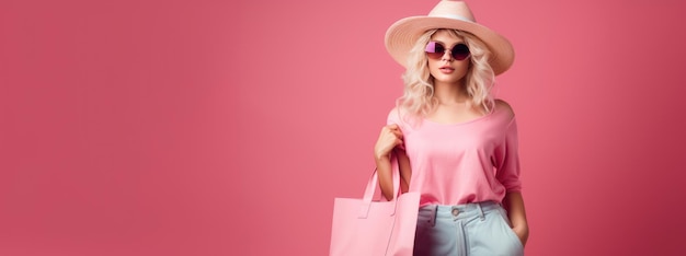 Foto mulher elegante com óculos de sol e chapéu segurando sacos de compras em fundo rosa