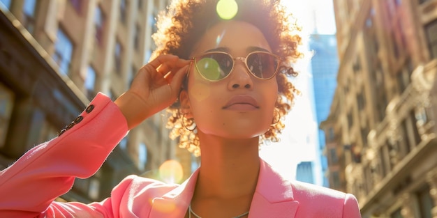 Mulher elegante com óculos de sol posando na Sunny City Street