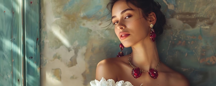 Foto mulher elegante com vestido branco chique e jóias de rubis que exalam charme e sofisticação cativantes