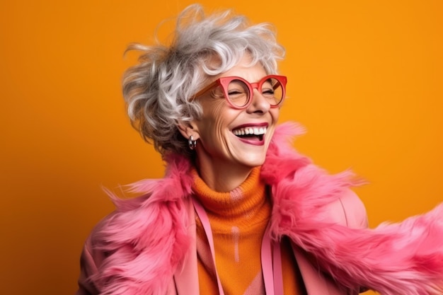 Mulher elegante de cabelos grisalhos usando óculos rosa glamorosos e capa de penas sorrindo