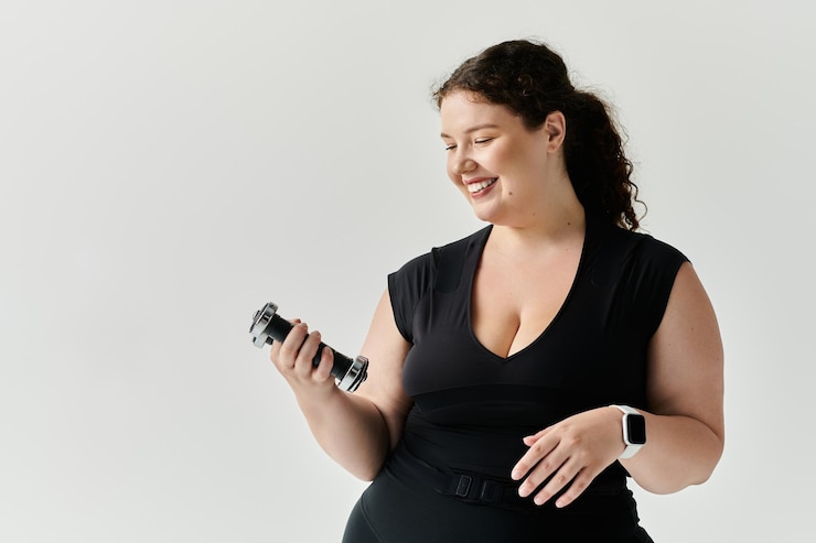 Foto mulher elegante de tamanho maior envolvendo-se alegremente em atividade de fitness em um ambiente de estúdio brilhante