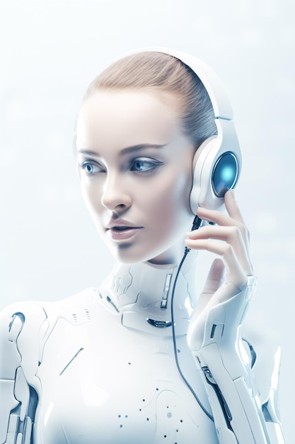 Mulher elegante de terno branco com fone de ouvido gerado por IA