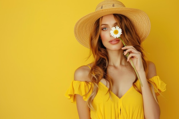 Mulher elegante de vestido amarelo com flor de margarida em fundo amarelo