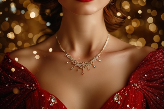 Mulher elegante de vestido vermelho com colar de ouro IA generativa