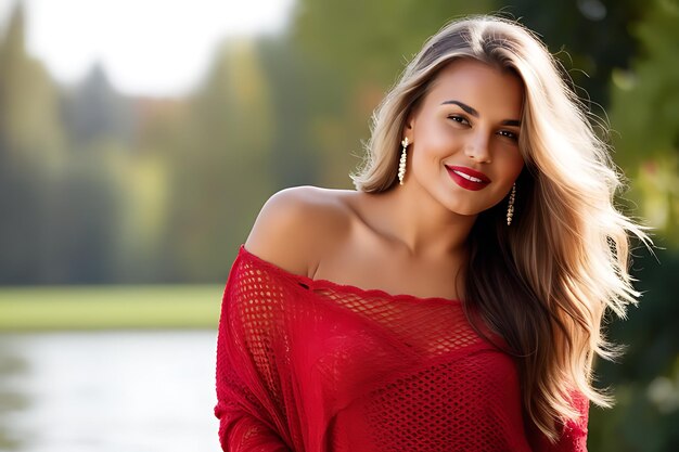 Foto mulher elegante de vestido vermelho posando com confiança