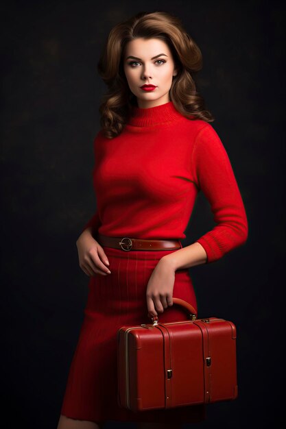 mulher elegante de vestido vermelho posando na frente da câmera