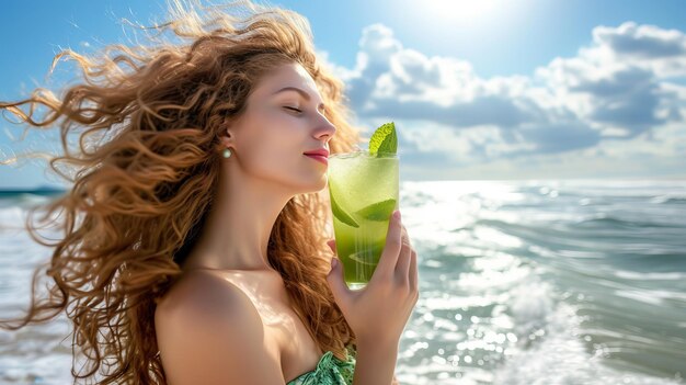 Foto mulher elegante desfrutando de um mojito em uma praia deslumbrante com amplo espaço para colocação de texto