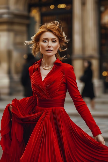 Mulher elegante e confiante de vestido vermelho posando para a câmera enquanto se segura de mãos