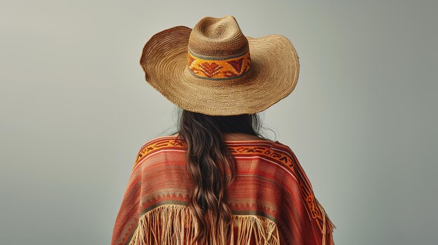 Mulher elegante e elegante vestindo um chapéu de palha de verão posando em um interior boho elegante copie o espaço vazio para o texto