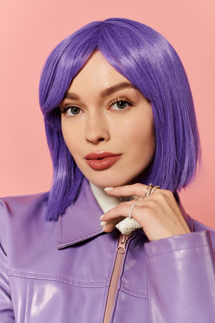 Foto mulher elegante e vibrante com cabelos roxos posando em uma roupa chique contra um fundo pastel