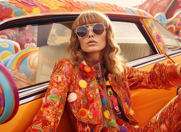 Foto mulher elegante em moda retro posando na frente de um carro vintage com fundo psicodélico colorido