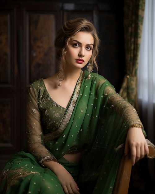 Mulher elegante em saree verde com penteado glamoroso e jóias