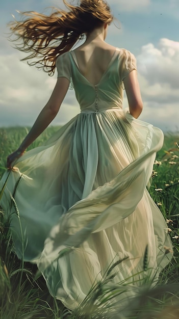 Mulher elegante em um vestido verde fluido em uma paisagem exuberante conceito de liberdade e natureza