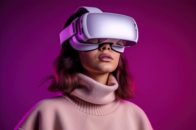 Mulher elegante envolvida na experiência de realidade virtual
