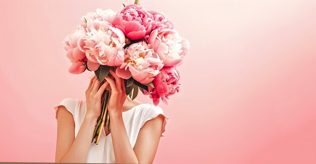 Foto mulher elegante escondida por trás de um buquê de peônias cor-de-rosa em fundo pastel conceito de beleza feminilidade e florística retrato elegante e moderno ai