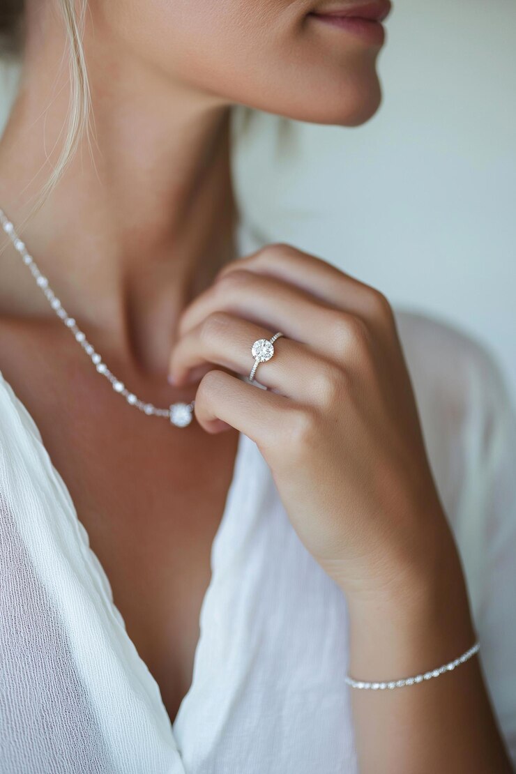 Mulher elegante exibindo colar de diamantes combinado com anel de noivado brilhante Close-up de elegância jóias brilhantes, incluindo colar e anel de diamantes jóias de luxo