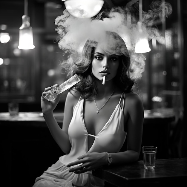 Foto mulher elegante fumando e bebendo no bar