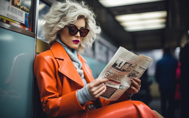 Foto mulher elegante na moda no metrô