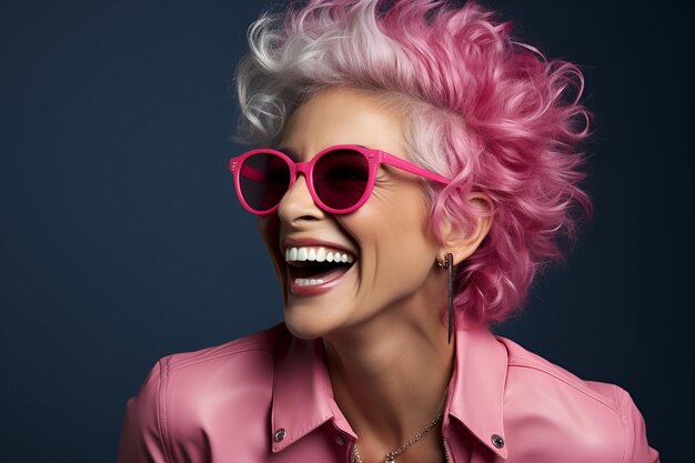 Foto mulher elegante positiva com óculos elegantes e cabelo rosa ri enquanto está de pé em fundo cinza