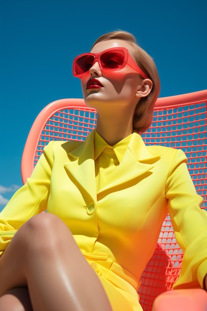 Mulher elegante vestindo um vestido amarelo e óculos de sol vermelhos sentada em uma cadeira rosa vibrante sob o céu azul criada com tecnologia de IA generativa