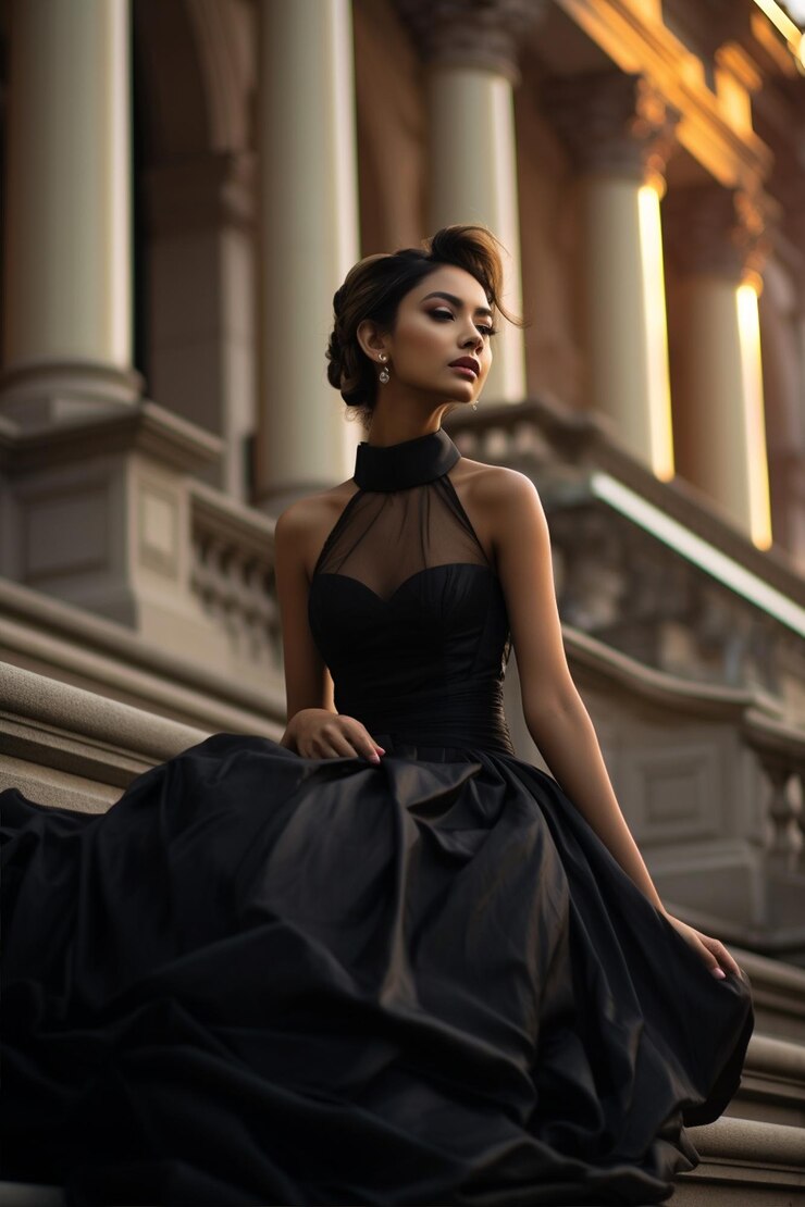 Foto mulher elegantemente vestida de preto senta-se nas escadas