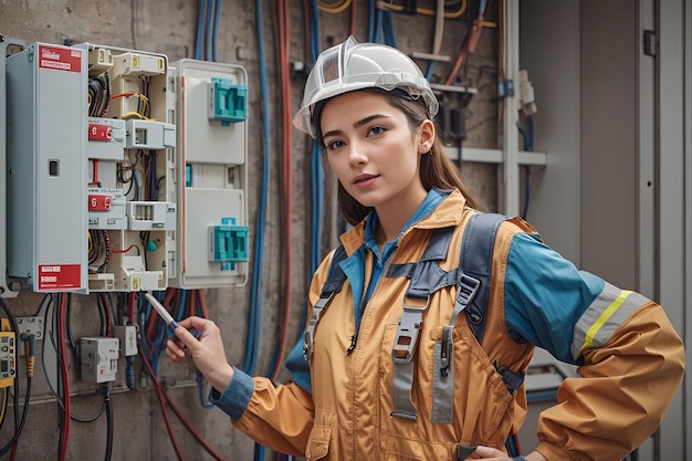 Mulher eletricista comercial forte trabalhando em uma caixa de fusíveis adornada com luva de segurança