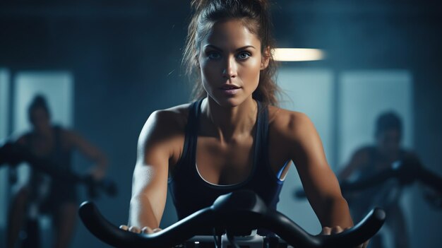 Mulher em bicicleta de exercício estacionária mantendo um estilo de vida saudável focado em exercícios Exercício para um bom conceito de saúde