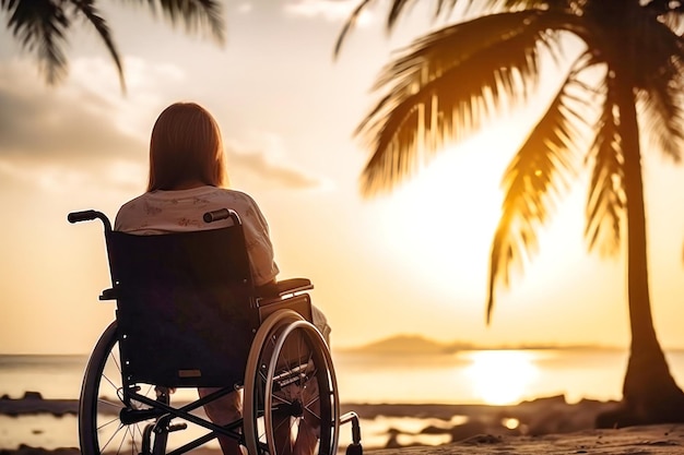Mulher em cadeira de rodas admirando a vista do oceano