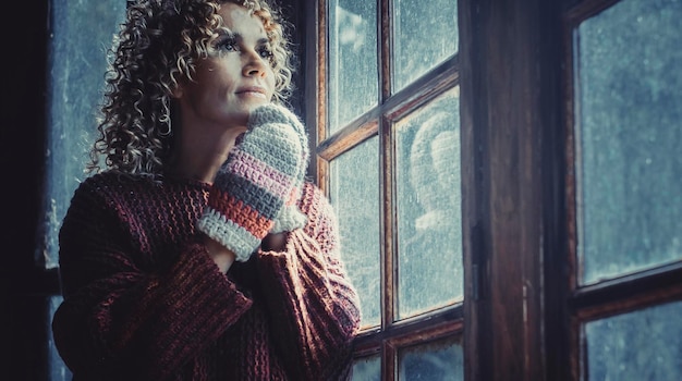 Mulher em casa com luvas de lã quente para emergência de crise de baixa temperatura e aquecimento de gás na europa
