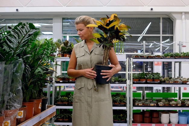 Mulher em compras jovem escolhendo plantas em casa na loja