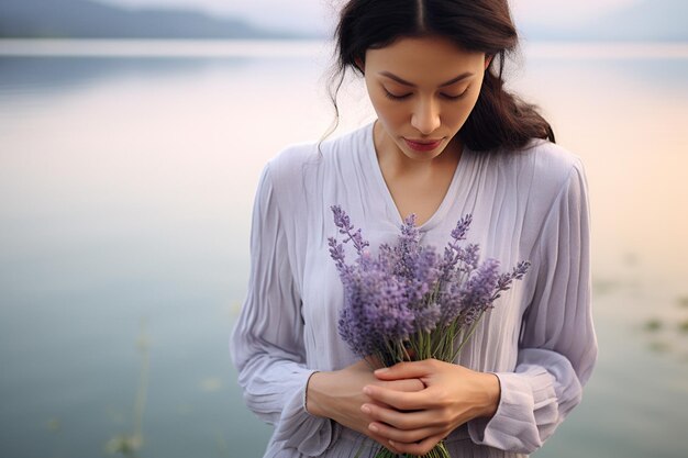 Mulher em flor de lavanda embalando uma flor em uma aura pacífica