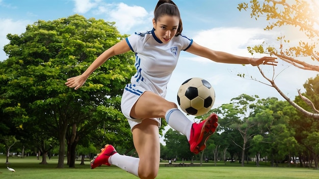 Mulher em forma a brincar com uma bola de futebol