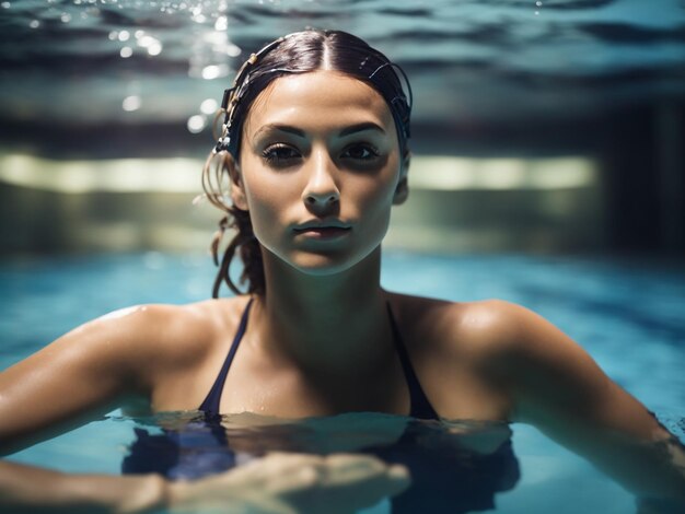 Foto mulher em forma a nadar na piscina