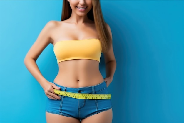 Mulher em forma com fita métrica Dieta e conceito de perda de peso corpo perfeito Mulher linda medindo sua cintura com uma fita métrico em fundo azul espaço de cópia