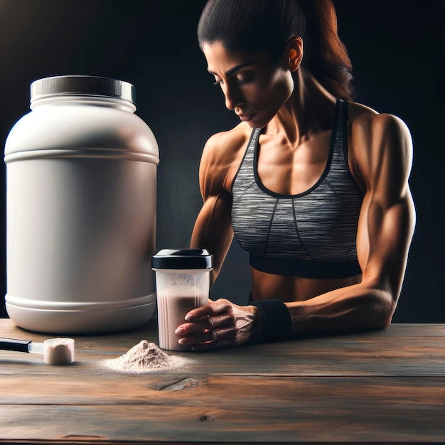 Foto mulher em forma com shake de proteína e frasco de suplementos na mesa mostrando estilo de vida saudável