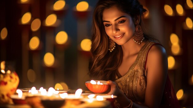 Foto mulher em frente à mesa com panelas e frigideiras diwali