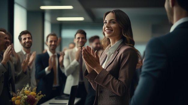 Mulher em frente a um grupo de homens no Dia de Valorização dos Funcionários