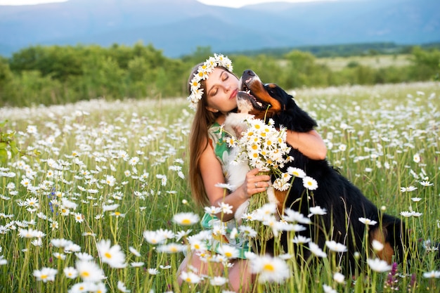 Mulher em grinalda de camomila com bernese mountain dog.