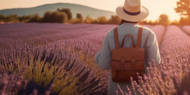 Mulher em IA geradora de campo de lavanda