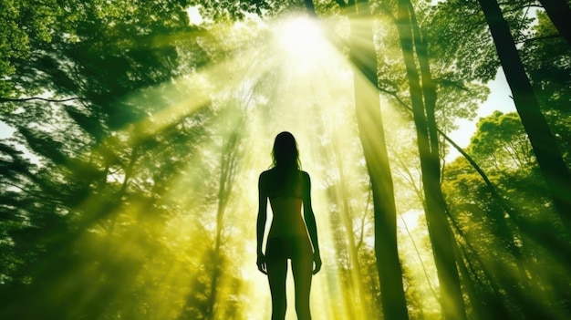 Mulher em ioga corpo completo backlit pose na floresta weber de imagem de IA generativa