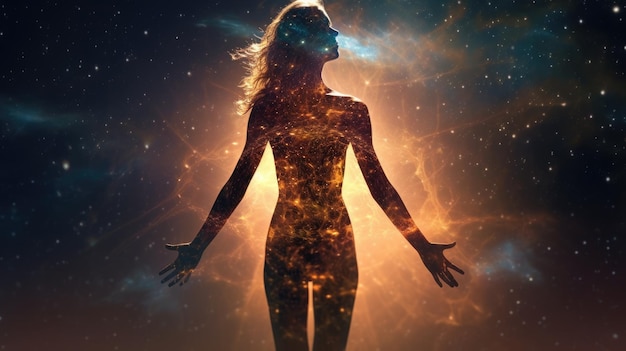 Foto mulher em ioga corpo inteiro backlit pose na nebulosa galáxia generativa ai weber