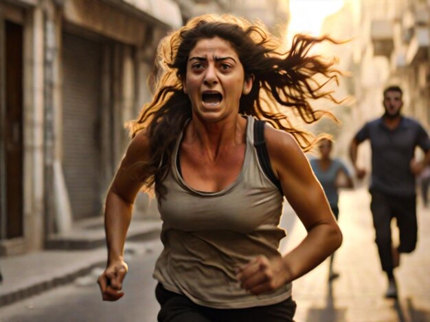 Foto mulher em israel entra em pânico enquanto corre pela rua depois de um foguete disparar