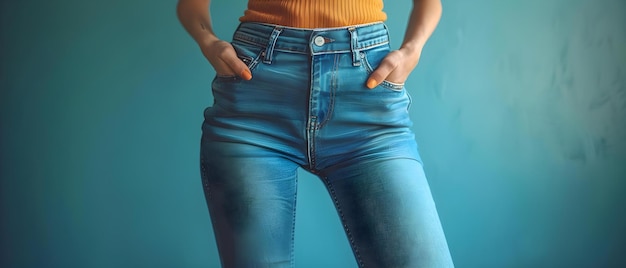 Mulher em jeans oversized depois de perda de peso vê novo reflexo no espelho Conceito Perda de peso Sucesso Autodescoberta Aceitação de mudança Imagem corporal Transformação pessoal