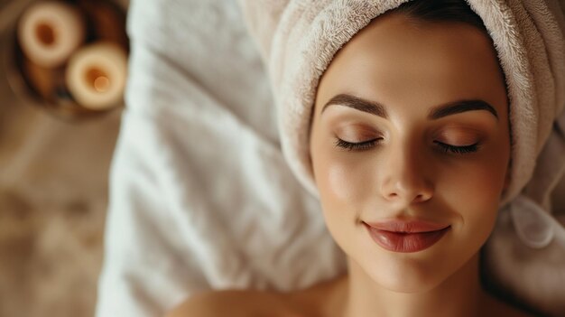 Mulher em luxuosa toalha de spa na cabeça retrato em close-up sessão de massagem relaxante Sensação de tranquilidade e antecipação experiência calmante ambiente de spa