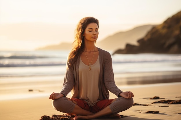 Mulher em meditação na praia, postura de ioga ao pôr do sol.