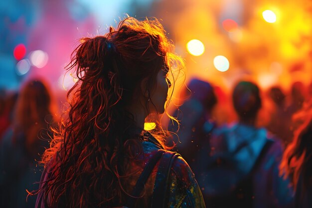 Foto mulher em meio a luzes vibrantes do festival