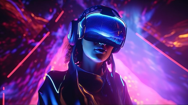 Mulher em óculos VR na ilustração de arte digital do espaço neon Generative AI