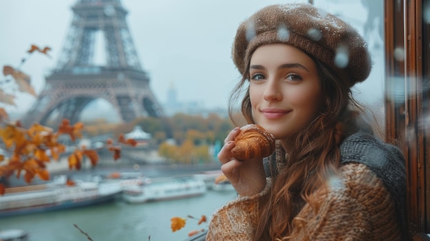 Mulher em Paris a comer croissants.