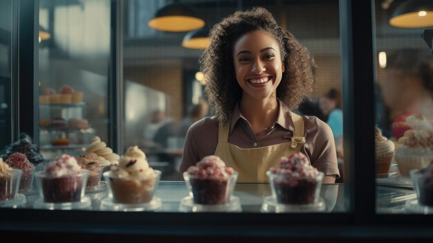 Mulher Em Pé Atrás Do Balcão CupcakeFilled Dia De Valorização Do Funcionário